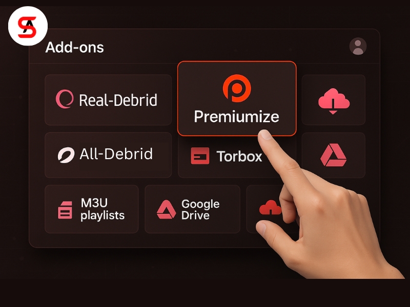 Stremize addon interface showing integration with Real-Debrid, Premiumize, Torbox, IPTV, and cloud storage, representing flexible streaming setup